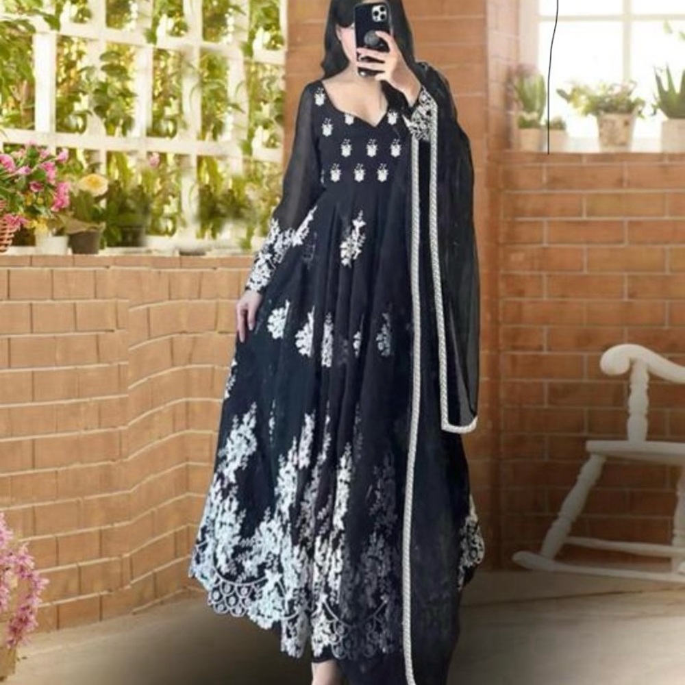 Women Embroidered Georgette Anarkali Gown With Dupatta